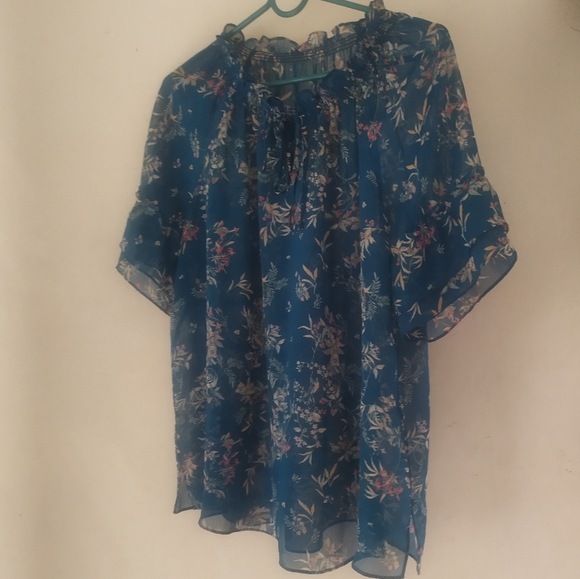 Teal blue floral printed blouse - Picture 4 of 7